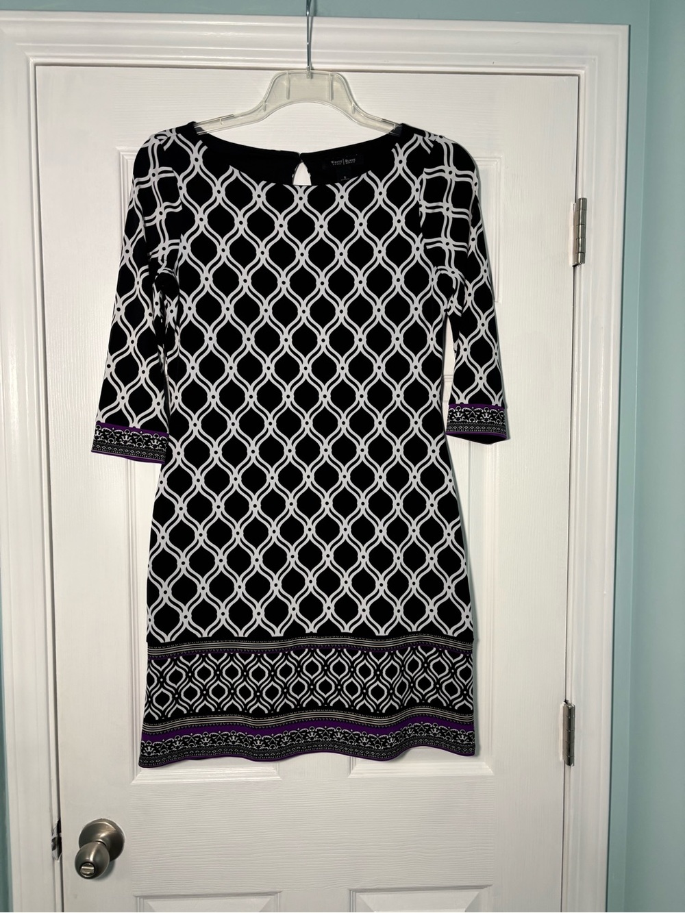 White House Black Market Black & White Geometric Midi Dress with Purple Trim